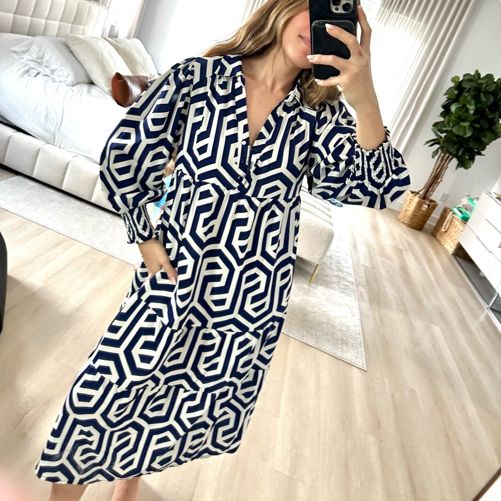 Umgee Navy and White Chevron Dress